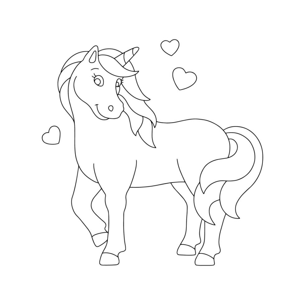 Shy beautiful unicorn. Coloring book page for kids. Cartoon style character. vector