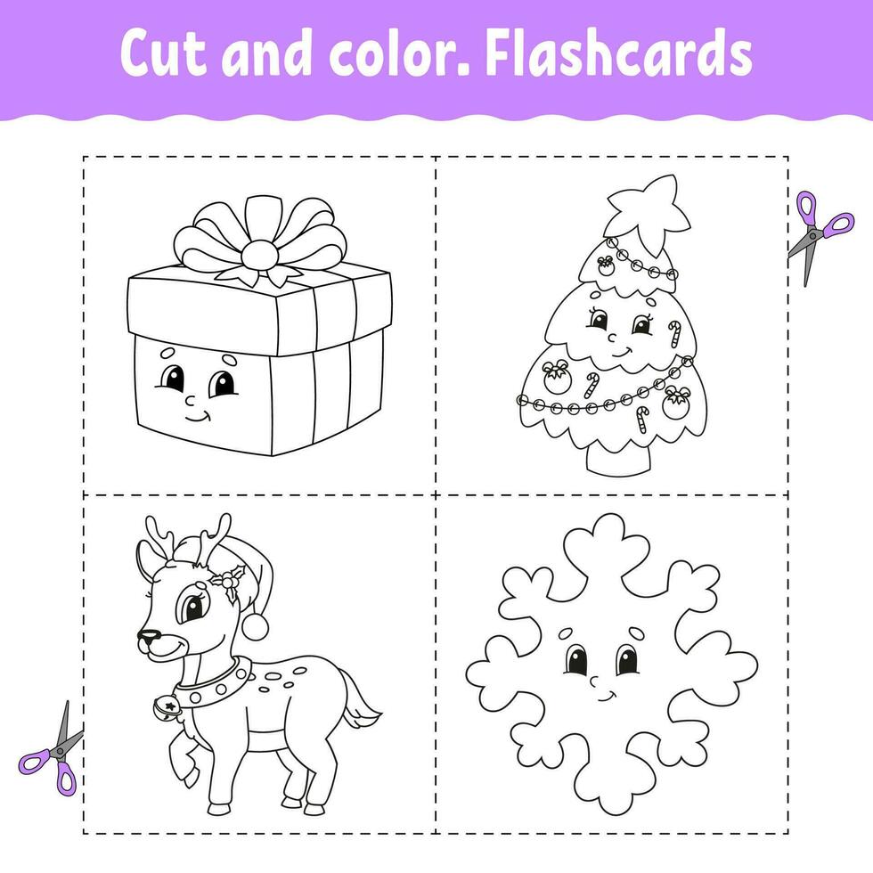 Cut and color. Flashcard Set. Coloring book for kids. Cute cartoon character. Black contour silhouette. Christmas theme. vector