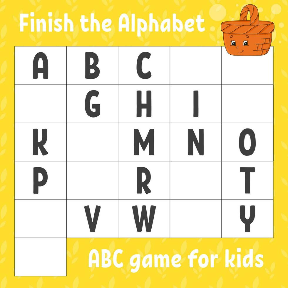 Finish the alphabet. ABC game for kids. Education developing worksheet. Learning game for kids. Color activity page. vector