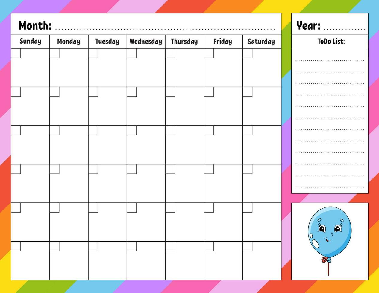 Weekly planner. Bright colorful blank printable template. Birthday theme. Vector illustration.