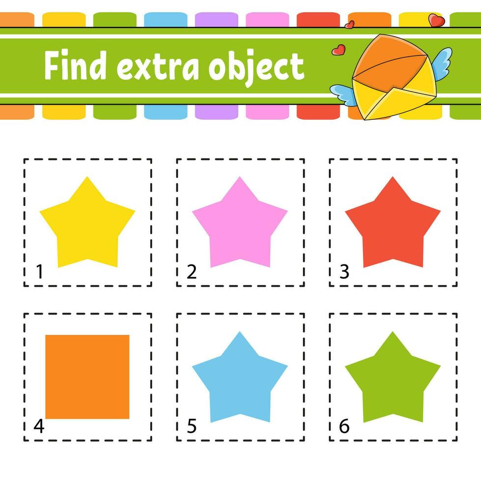 Find extra object. Educational activity worksheet for kids and toddlers. Game for children. Cute characters. Vector illustration.