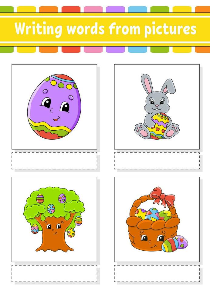 Writing words from pictures. Learn English words. Education developing worksheet. Color activity page. cartoon character. Vector illustration.