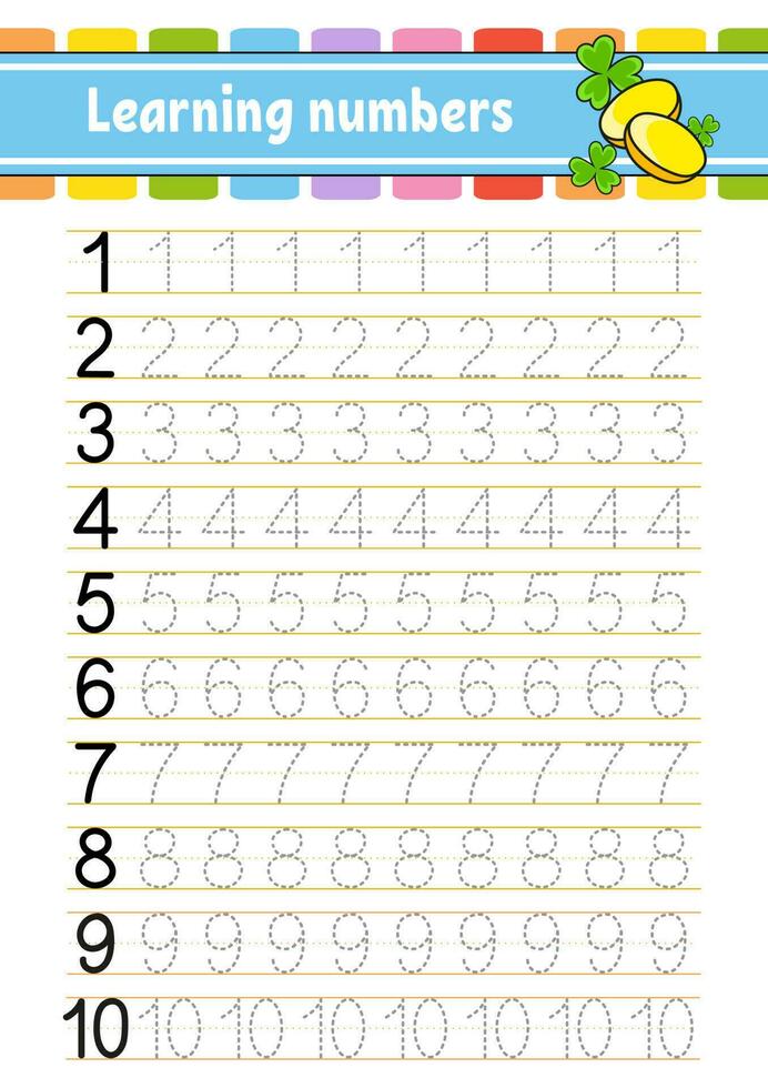 Trace and write numbers. Handwriting practice. Learning numbers for kids. Education developing worksheet. Activity page. Vector illustration.