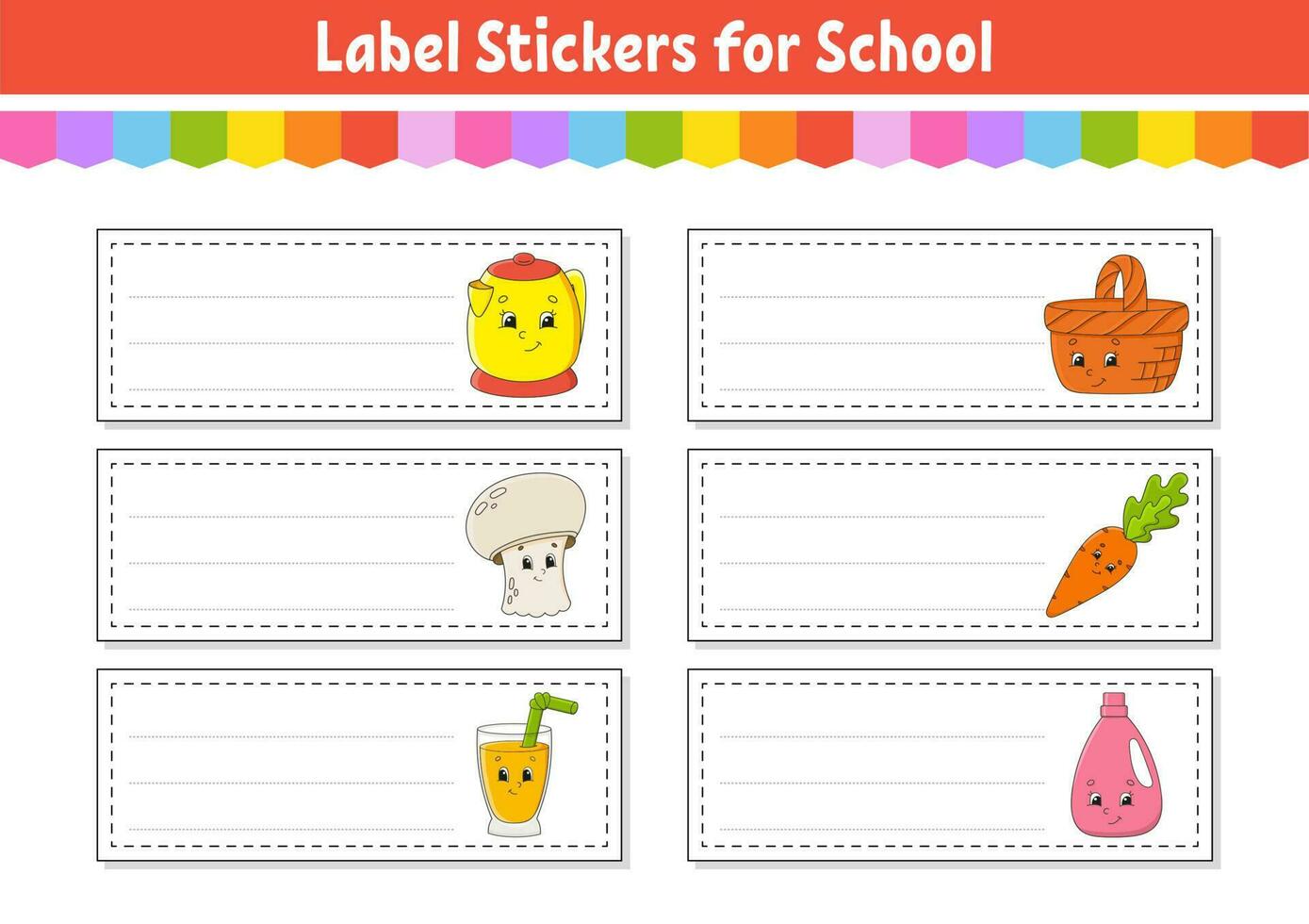 School name label. Bright stickers. Rectangular label. Color vector isolated illustration.