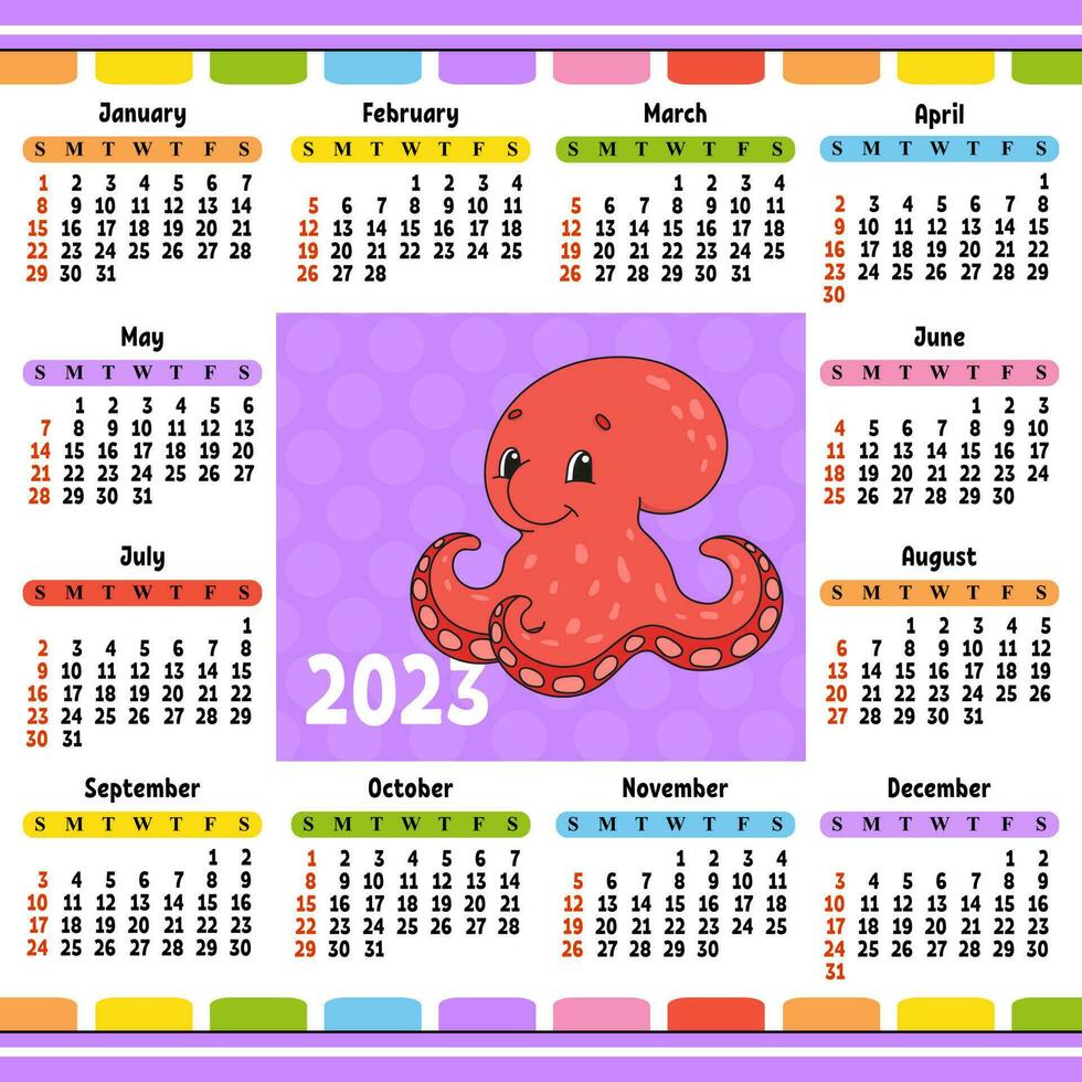 Calendar for 2023 with a cute character. Fun and bright design. Isolated color vector illustration. cartoon style.