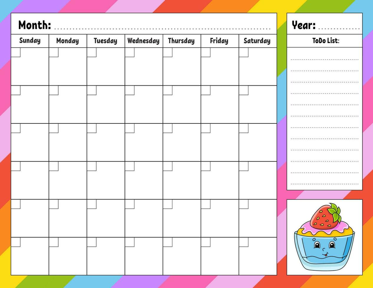 Weekly planner. Bright colorful blank printable template. Birthday theme. Vector illustration.