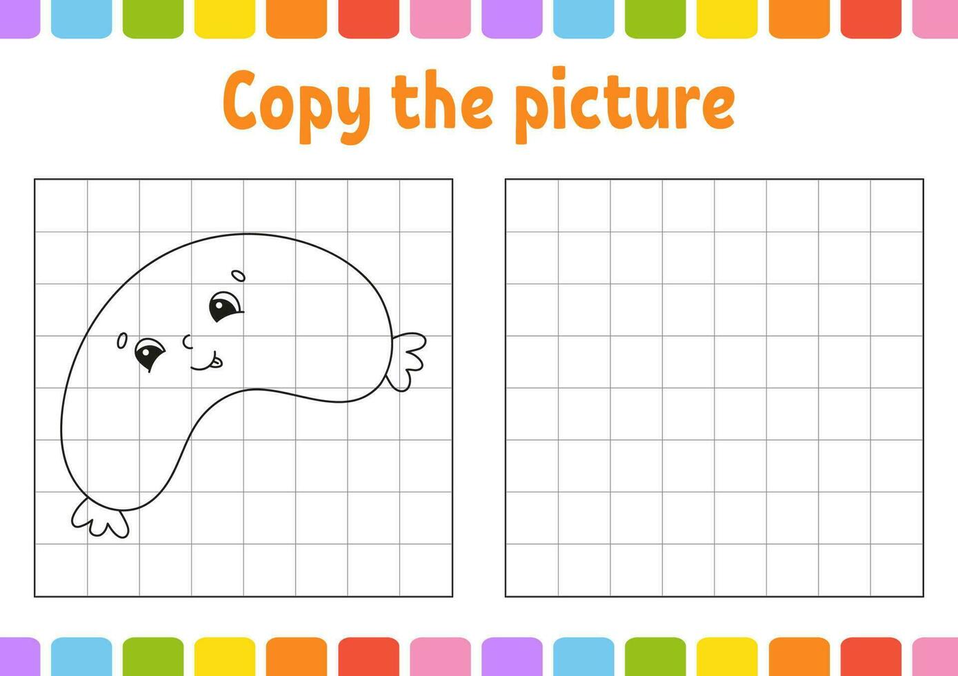 Copy the picture. Coloring book pages for kids. Education developing worksheet. Game for children. Handwriting practice. Funny character. Cute cartoon vector illustration.