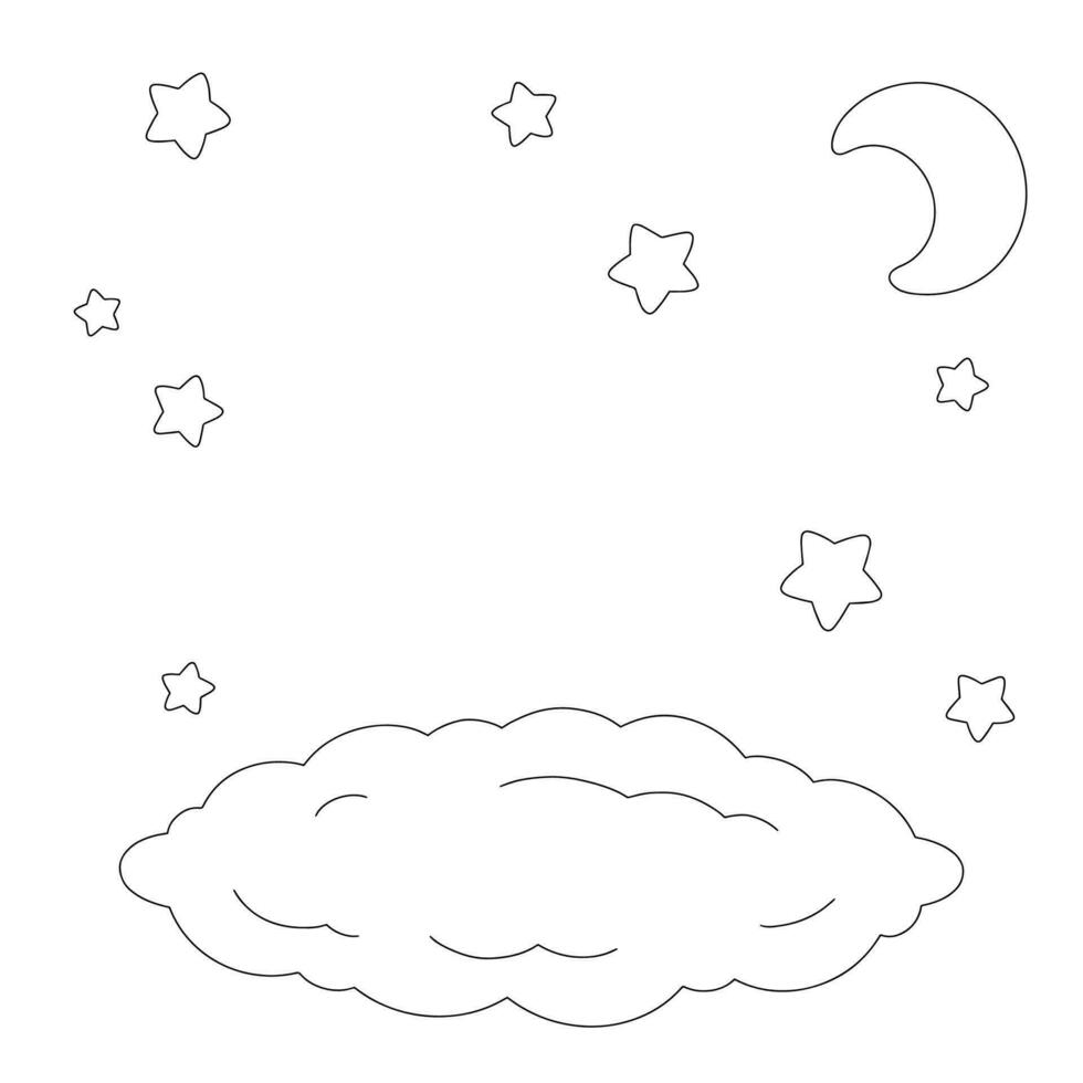 escena con nubes y estrellas. página de libro para colorear para niños. estilo de dibujos animados ilustración vectorial aislado sobre fondo blanco. vector