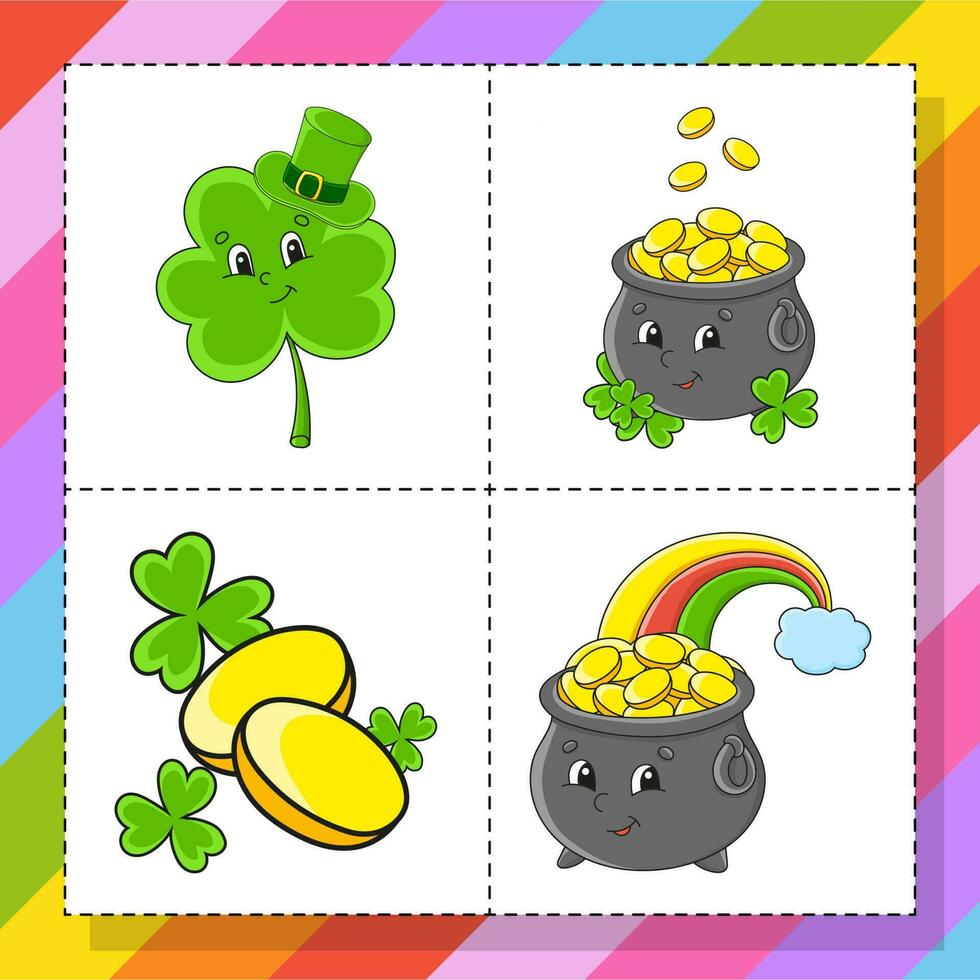 Set of stickers with cute cartoon characters. Hand drawn. Colorful pack. Vector illustration. Patch badges collection for kids. St. Patrick's day.