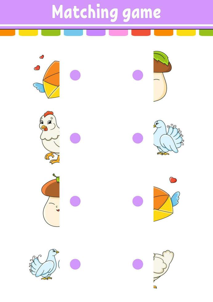 Matching game. Draw a line. Education developing worksheet. Activity page with color pictures. Riddle for children. Cute character. Cartoon style. Vector illustration.