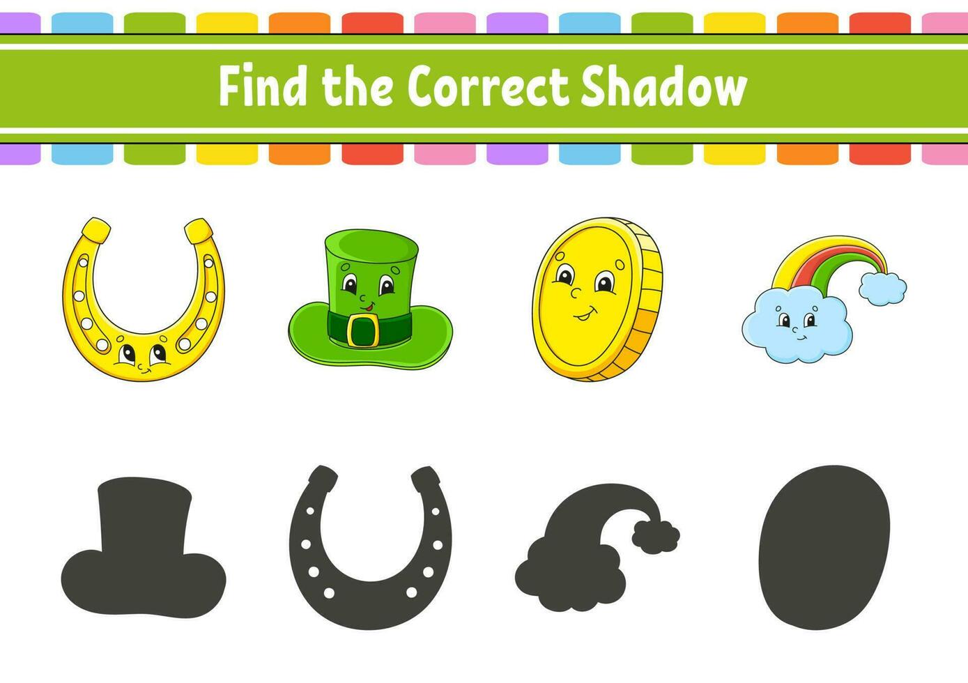 Find the correct shadow. Education developing worksheet. Matching game for kids. Color activity page. Puzzle for children. Cute character. Vector illustration.