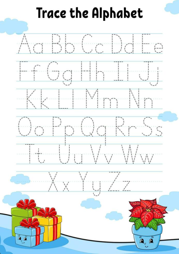 Writing letters. Tracing page. Practice sheet. Worksheet for kids. Learn alphabet. Cute character. Cartoon style. Vector illustration.