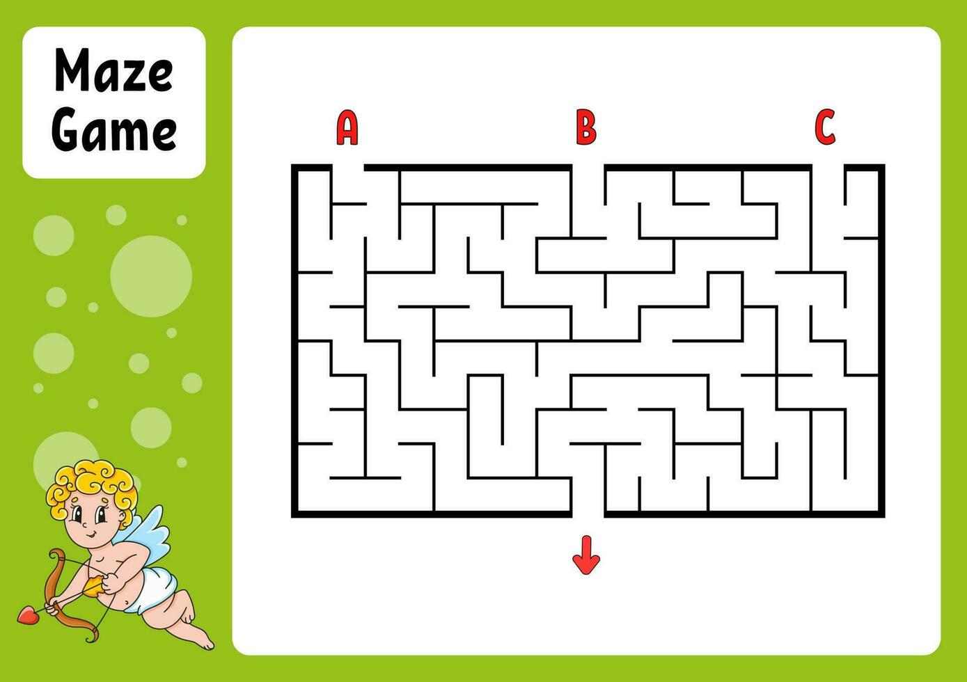 Rectangle maze. Game for kids. Three entrances, one exit. Education worksheet. Puzzle for children. Labyrinth conundrum. Find the right path. cartoon character. Vector illustration.