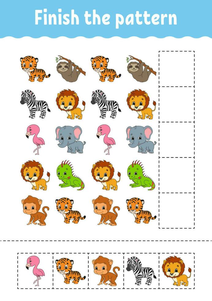 Finish the pattern. Cut and play. Education developing worksheet. Activity page. cartoon character. Vector illustration.