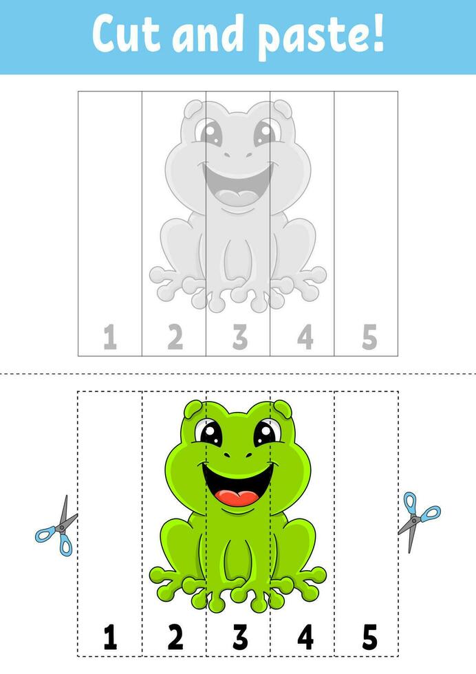 Learning numbers 1-5. Cut and glue. cartoon character. Education developing worksheet. Game for kids. Activity page. Vector illustration.