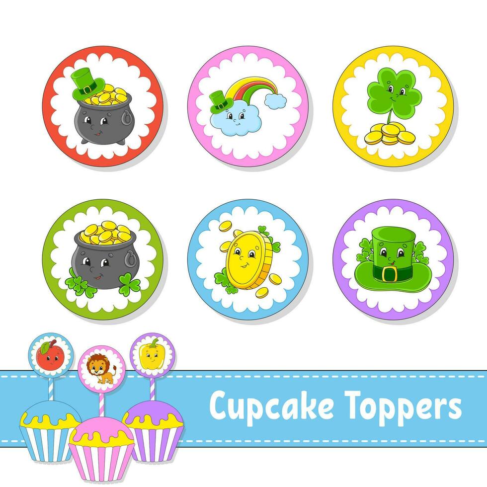 Cupcake Toppers. Set of six round pictures. cartoon characters. Cute image. For birthday, baby shower. Isolated on white background. Vector illustration.