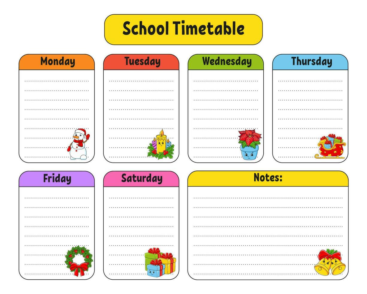 School schedule. Timetable for schoolboys. Empty template. Weekly planer with notes. cartoon character. Vector illustration.