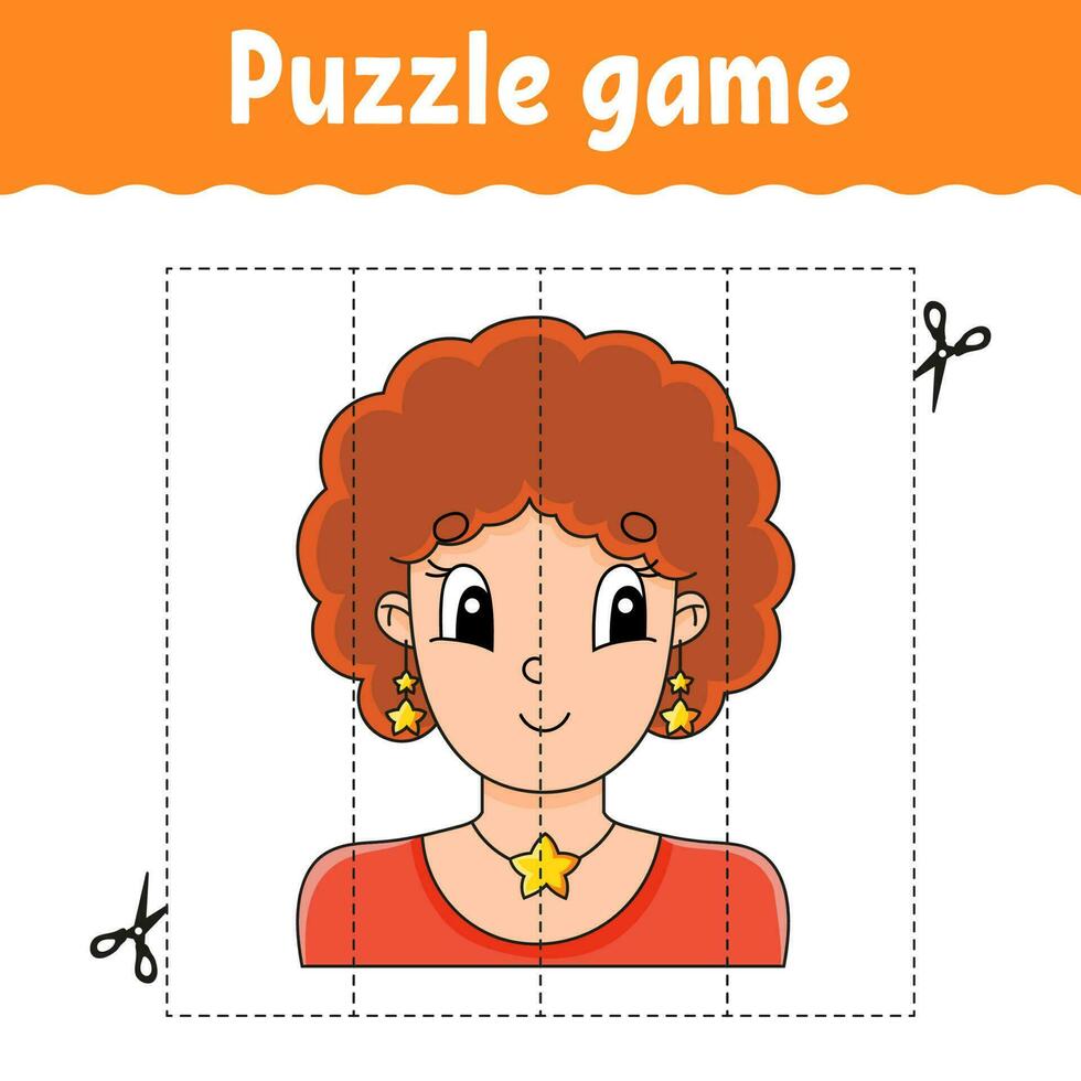 Puzzle game for kids. Cutting practice. Education developing worksheet. Activity page. cartoon character. Vector illustration.