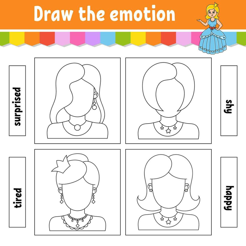 Draw the emotion. Worksheet complete the face. Coloring book for kids. Cheerful character. Vector illustration. Black contour silhouette. Isolated on white background.