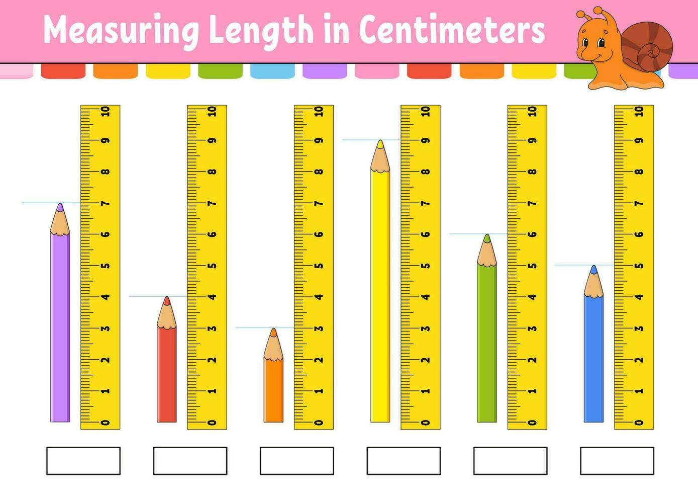 medir la longitud en centímetros con regla. hoja de trabajo de desarrollo educativo. juego para niños página de actividades de colores. rompecabezas para niños. lindo personaje ilustración vectorial estilo de dibujos animados vector