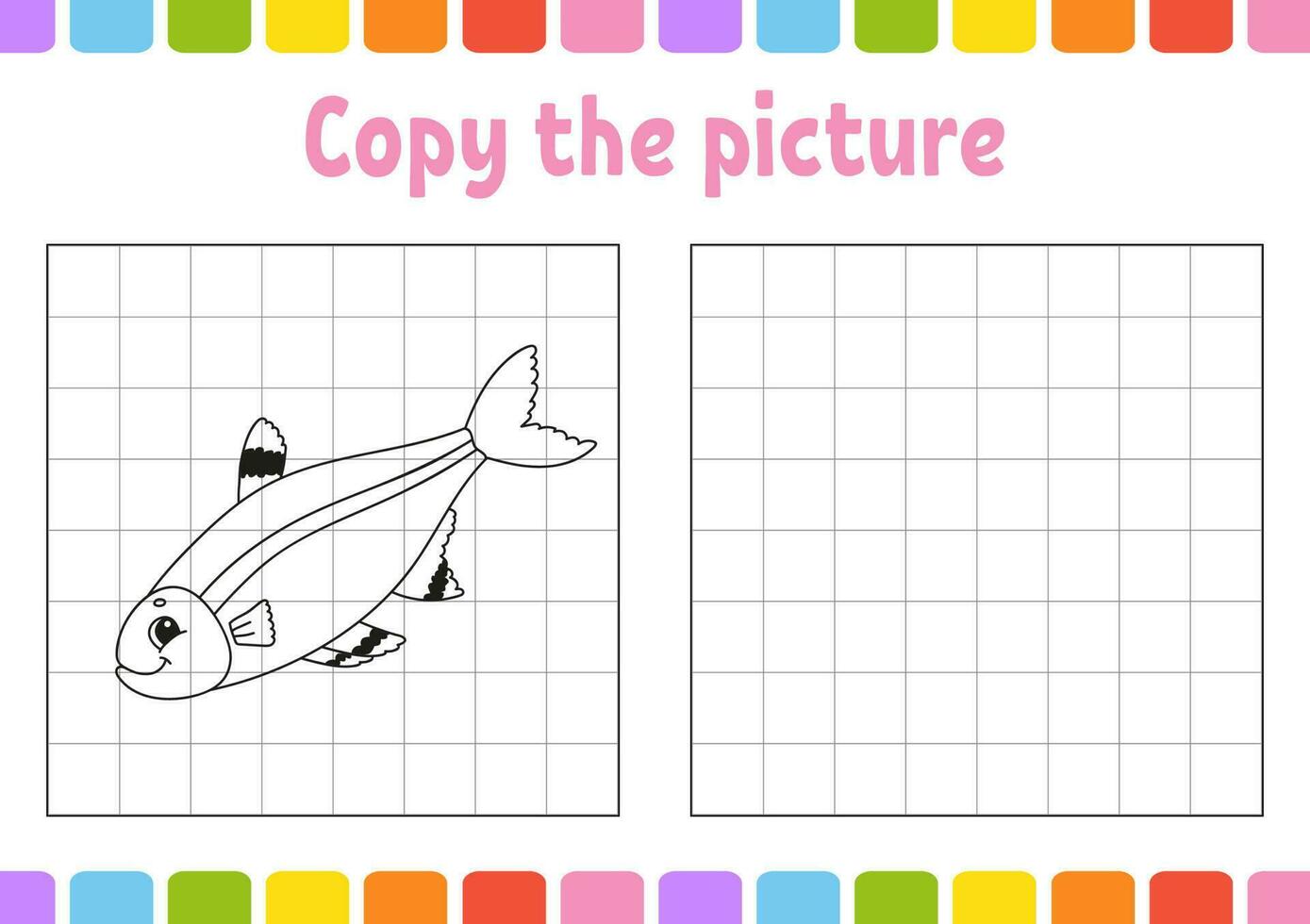 Copy the picture. Coloring book pages for kids. Education developing worksheet. Game for children. Handwriting practice. Funny character. Vector illustration.