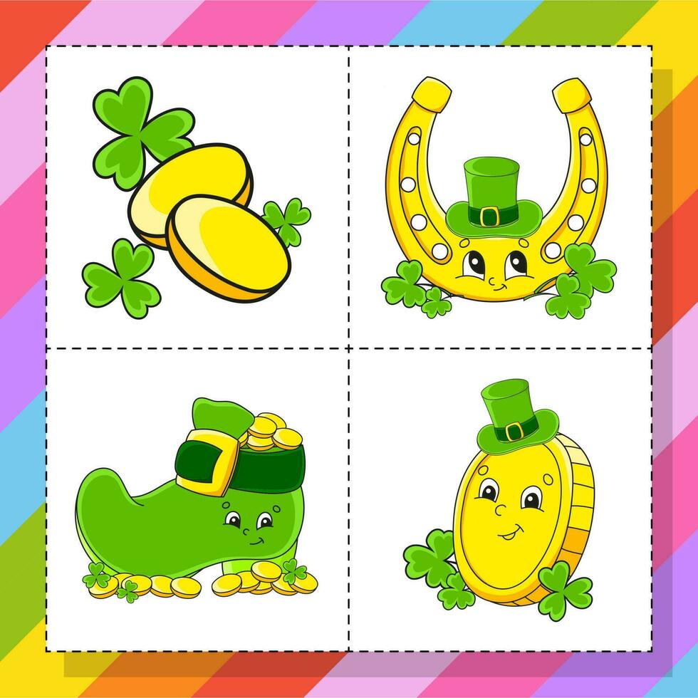 Set of stickers with cute cartoon characters. Hand drawn. Colorful pack. Vector illustration. Patch badges collection for kids. St. Patrick's day.