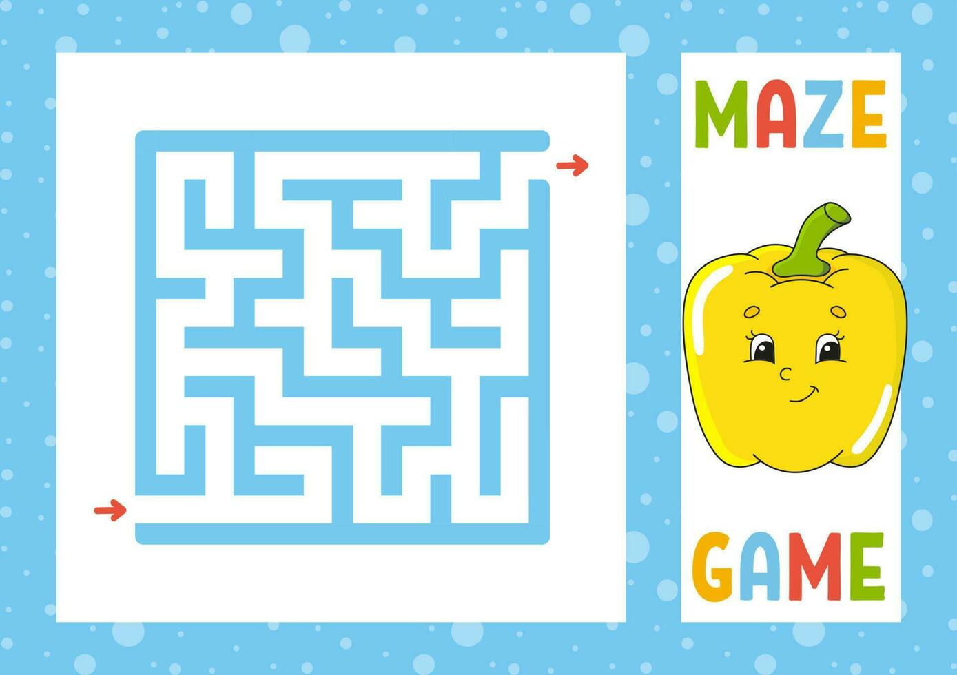 Square maze. Game for kids. Puzzle for children. Happy character. Labyrinth conundrum. Find the right path. Vector illustration.