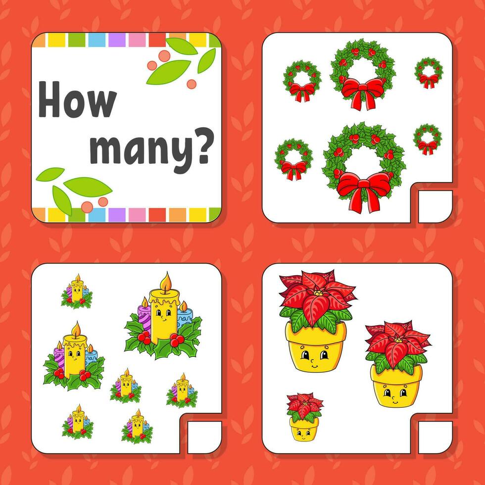 Counting game for children. Happy characters. Learning mathematics. How many object in the picture. Education worksheet. Christmas theme. Isolated vector illustration in cute cartoon style.