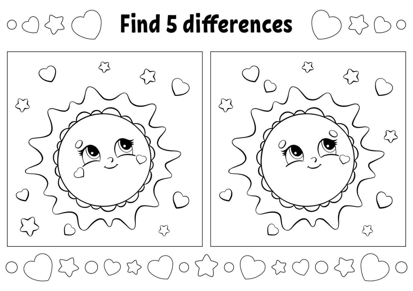 Find five differences. Coloring page for kids. Activity worksheet for children. Vector illustration isolated on white background.