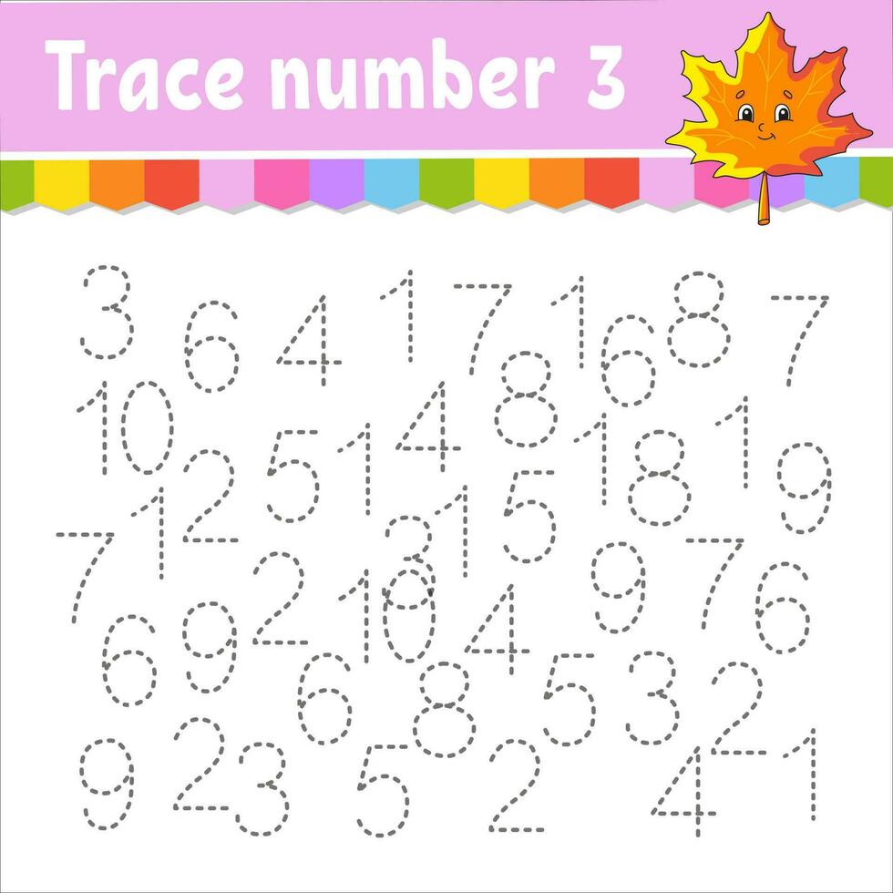 Trace number . Handwriting practice. Learning numbers for kids. Education developing worksheet. Activity page. Vector illustration.