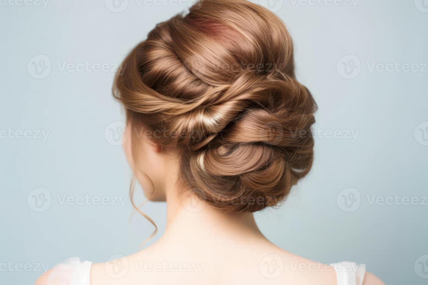 stock photo of bun hairstyles for long hair look form back photography