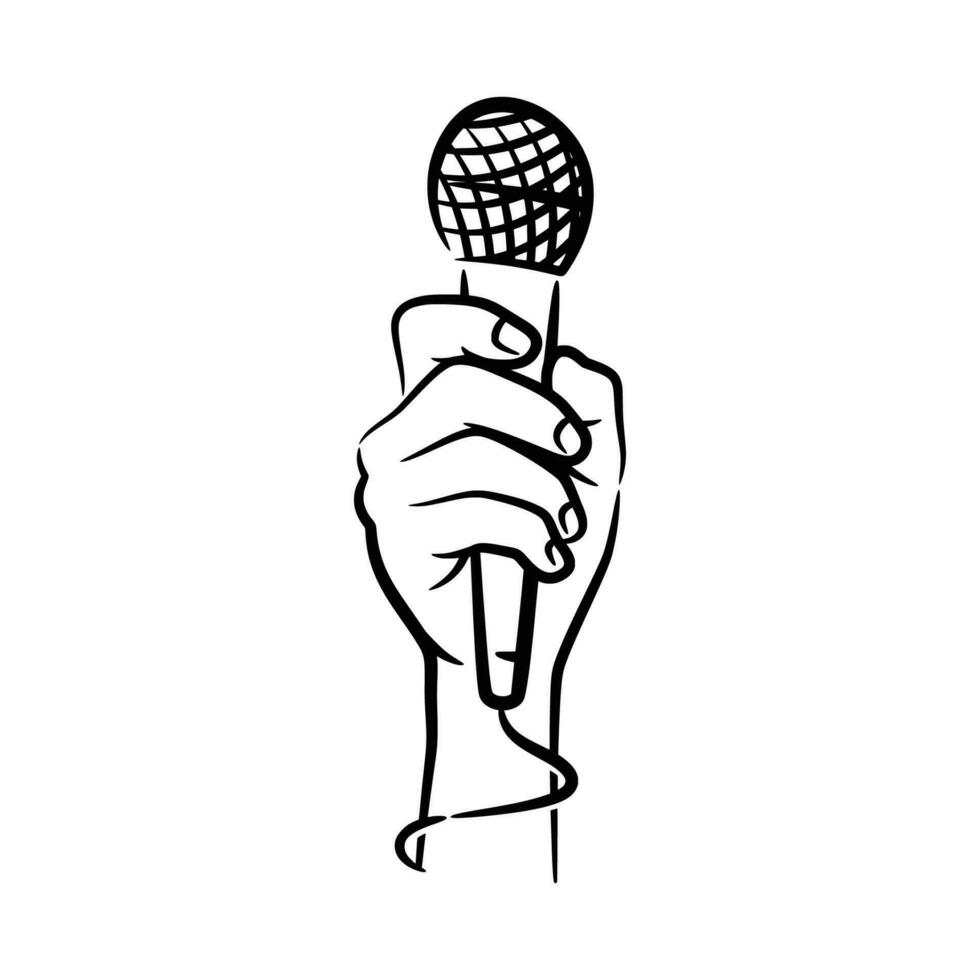 Hand holding microphone hand drawn line art illustration vector