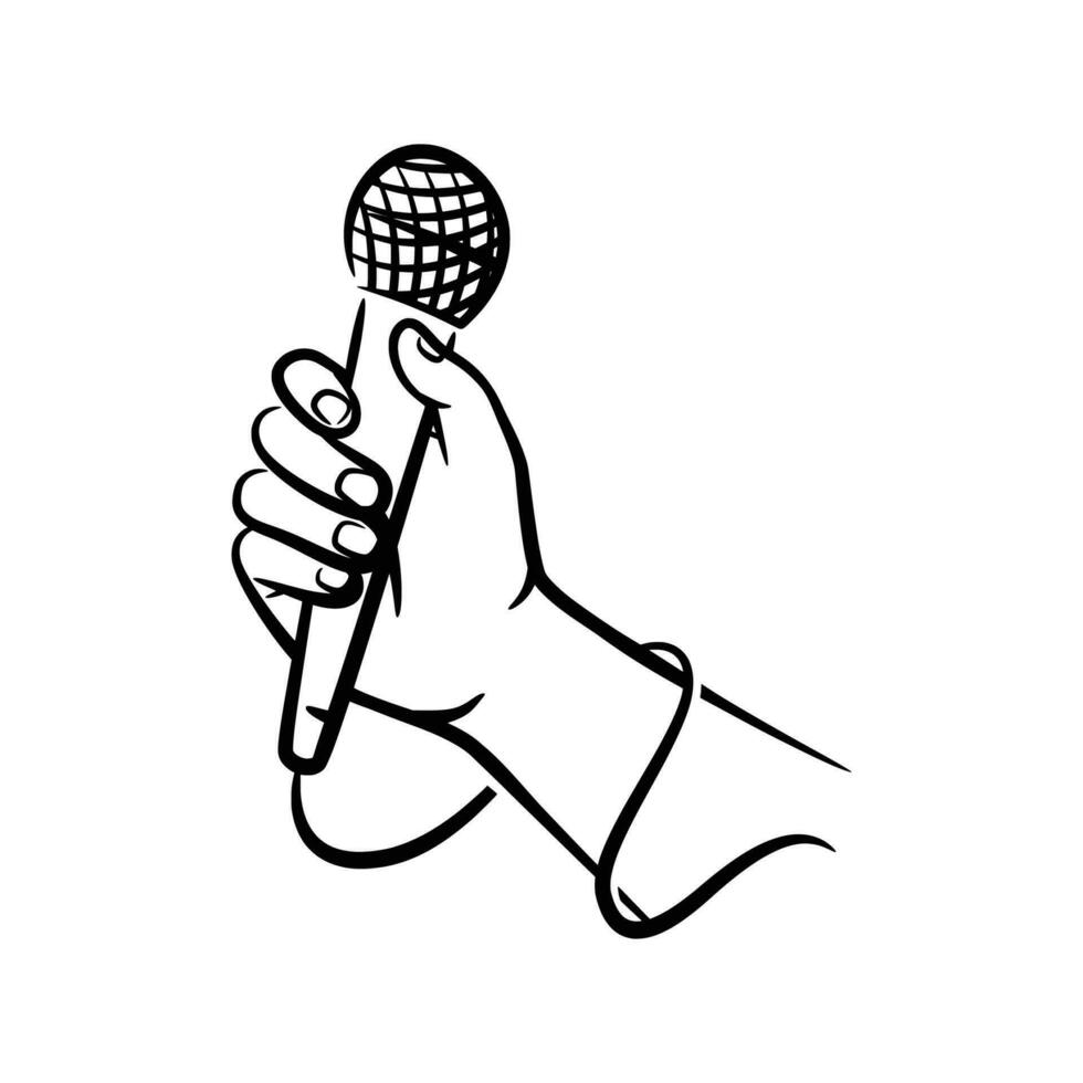 Hand holding microphone hand drawn line art illustration vector