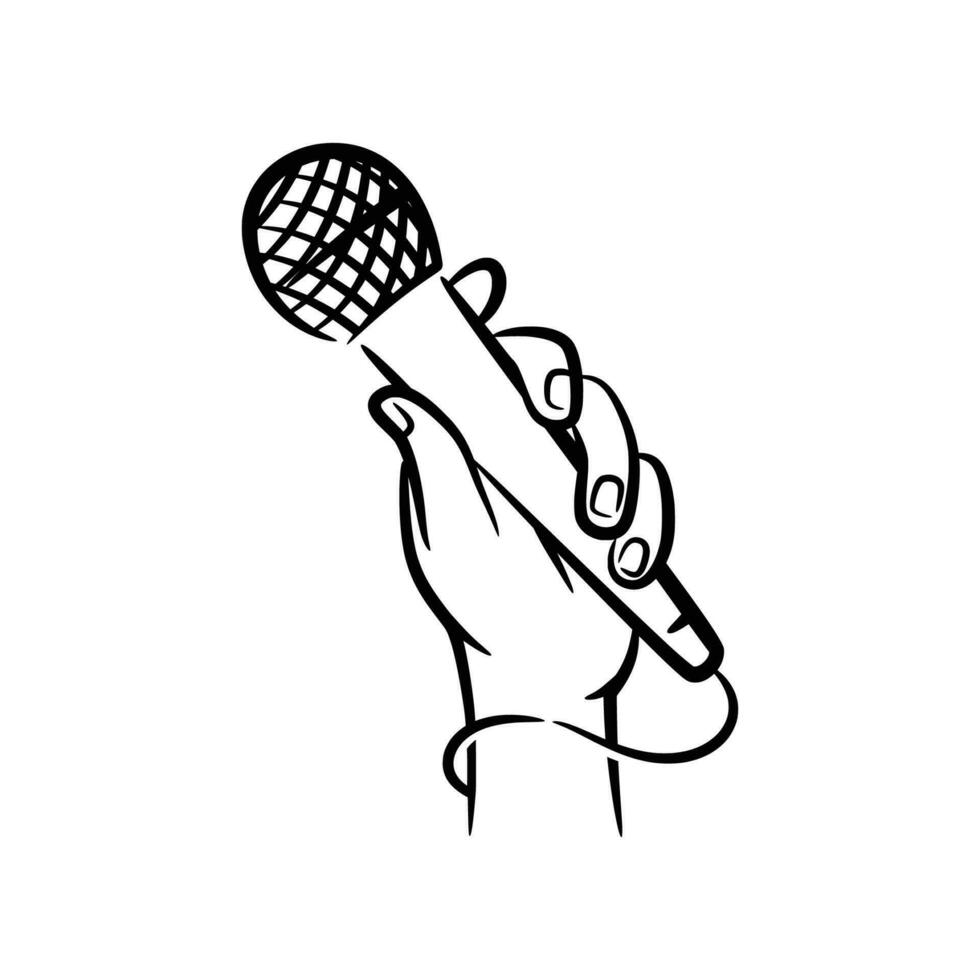 Hand holding microphone hand drawn line art illustration vector