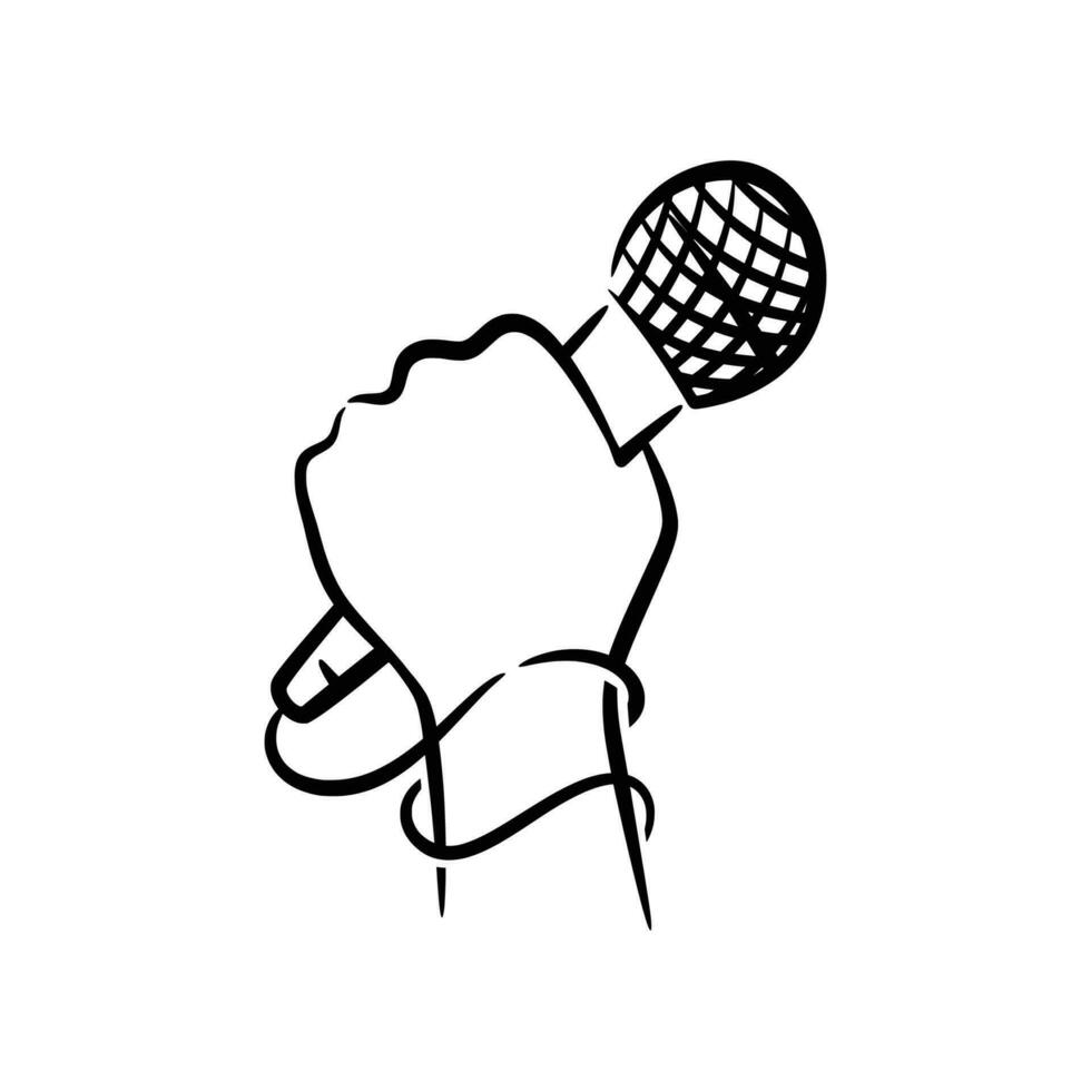 Hand holding microphone hand drawn line art illustration vector