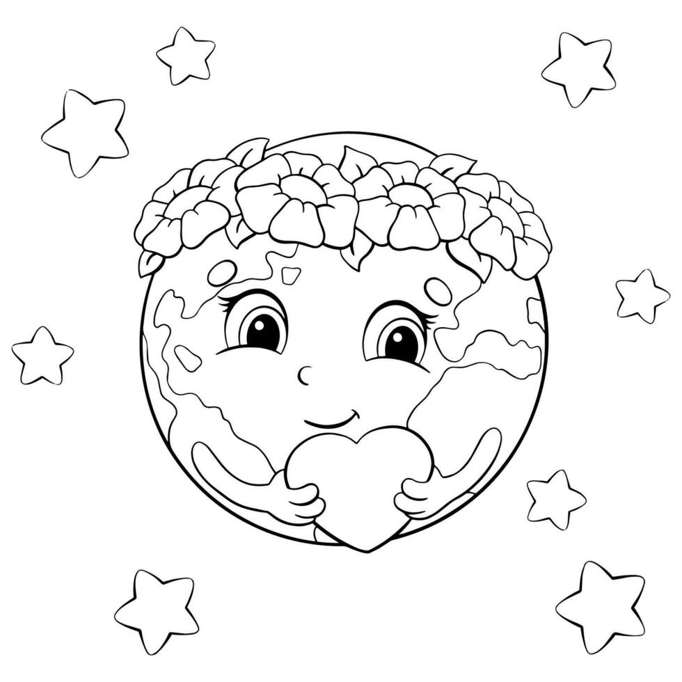 Planet Earth in a wreath of flowers holds a heart in her hands. Coloring book page for kids. Cartoon style character. Vector illustration isolated on white background.