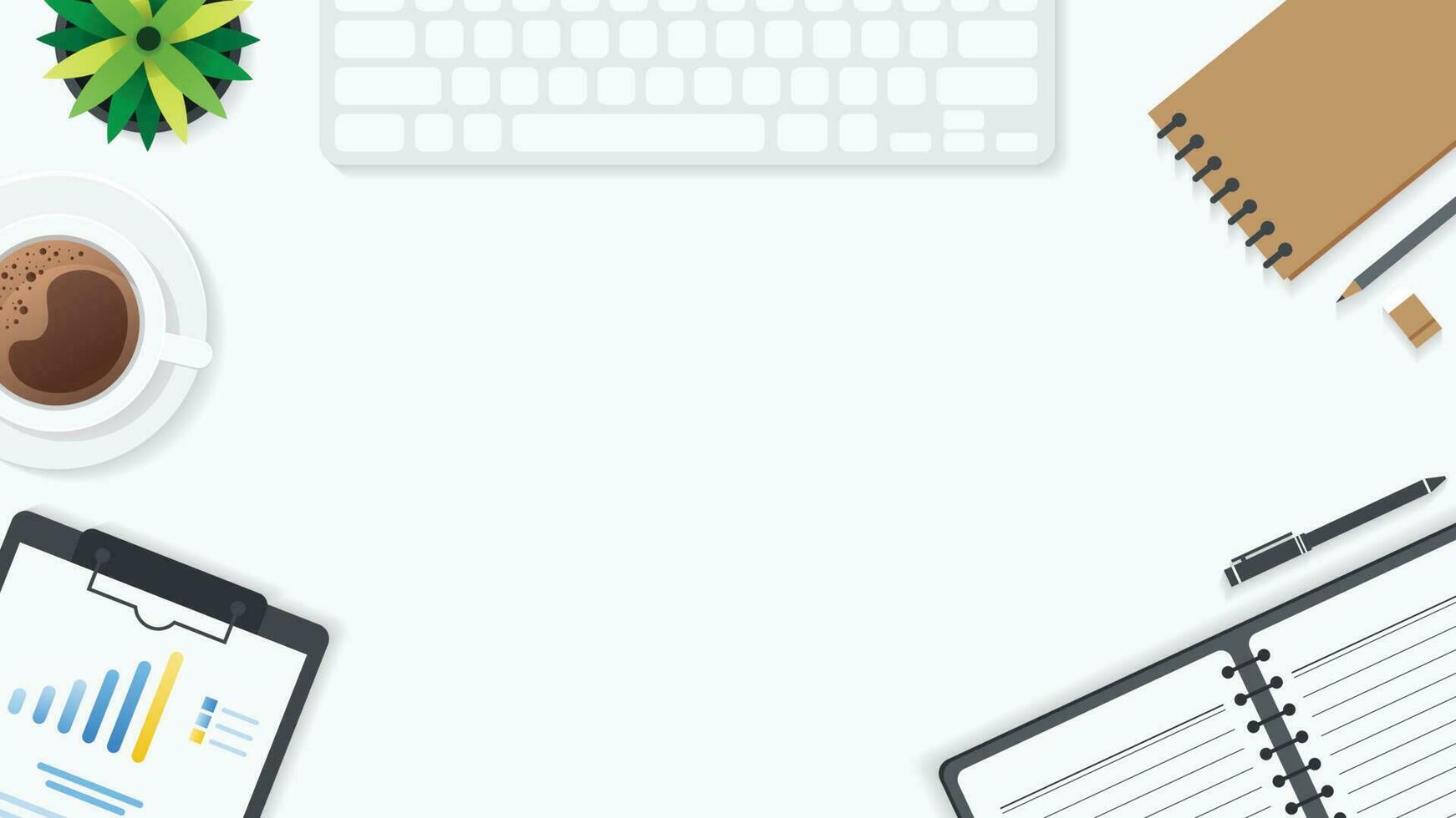 Cover and banner of working desk with gadget. Top view of table working and free space for text with computer, laptop, notebook, coffee cup, phone and paper. vector