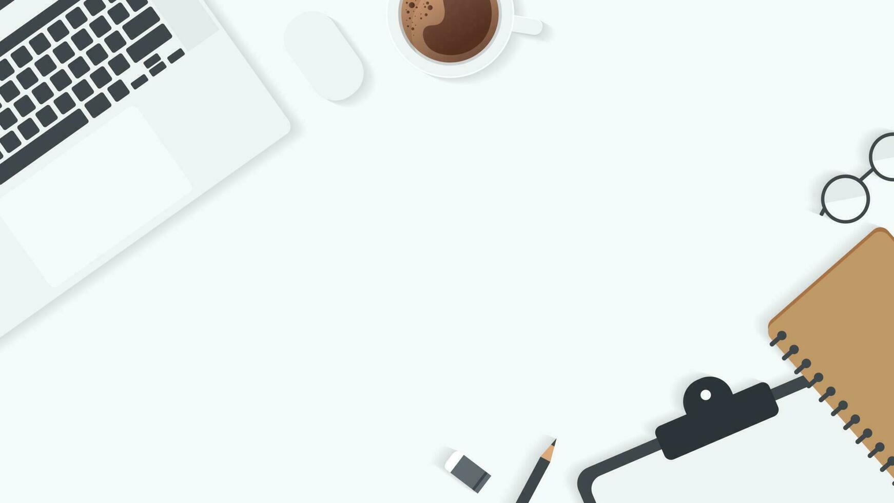 Cover and banner of working desk with gadget. Top view of table working and free space for text with computer, laptop, notebook, coffee cup, phone and paper. vector