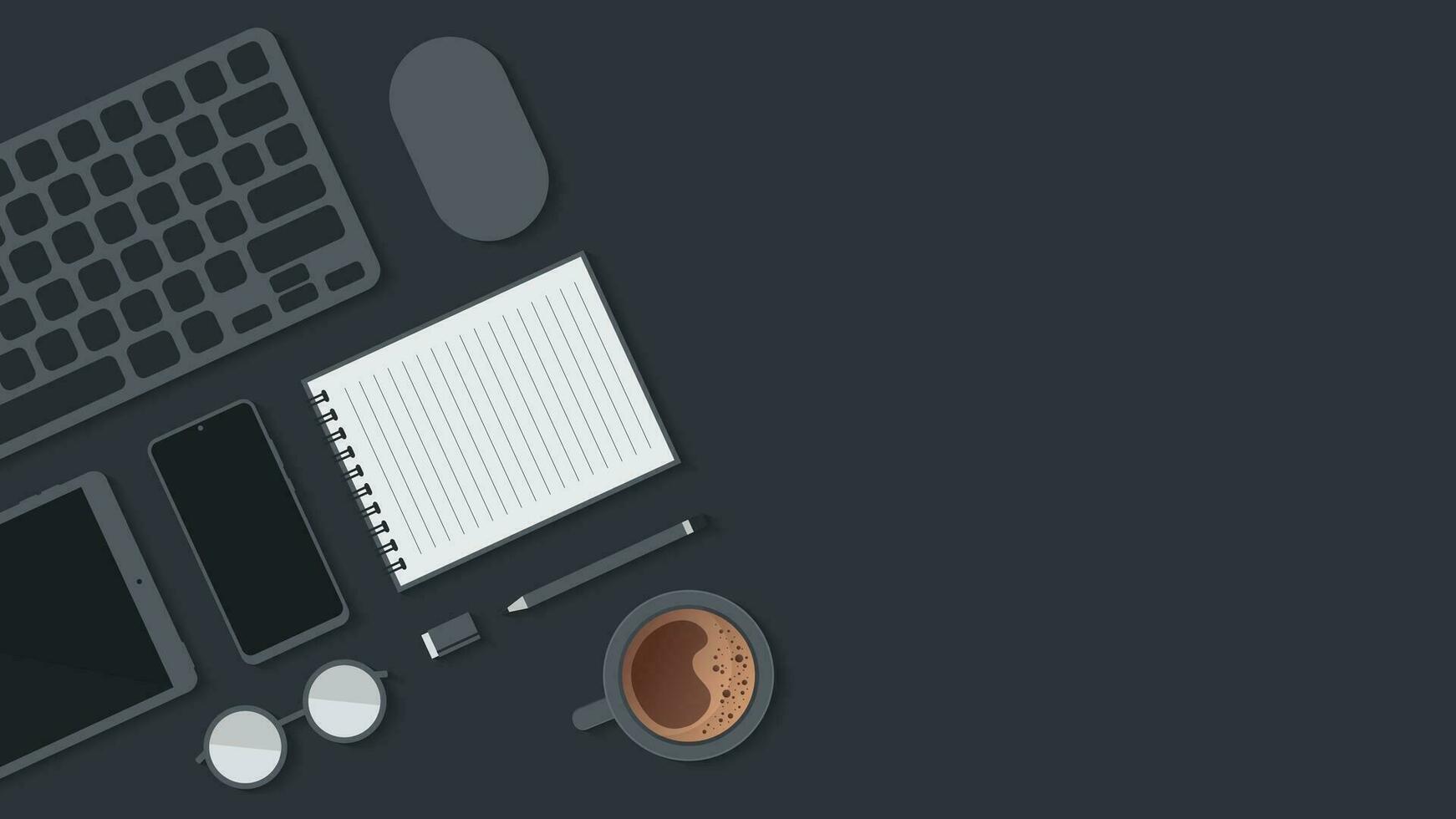 Cover and banner of working desk with gadget. Top view of table working and free space for text with computer, laptop, notebook, coffee cup, phone and paper. vector