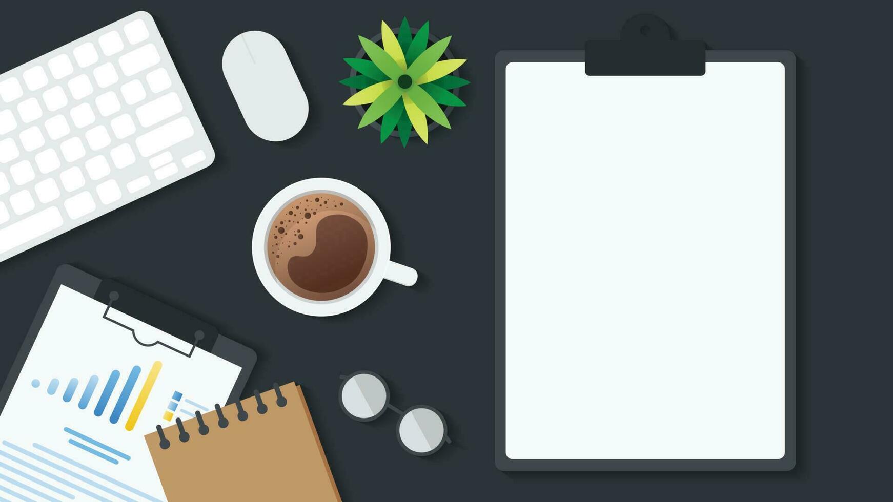 Cover and banner of working desk with gadget. Top view of table working and free space for text with computer, laptop, notebook, coffee cup, phone and paper. vector