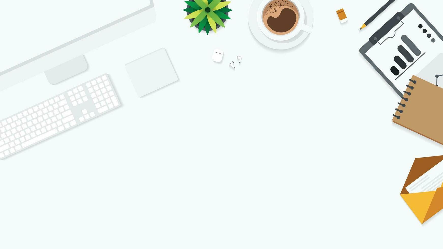 Cover and banner of working desk with gadget. Top view of table working and free space for text with computer, laptop, notebook, coffee cup, phone and paper. vector