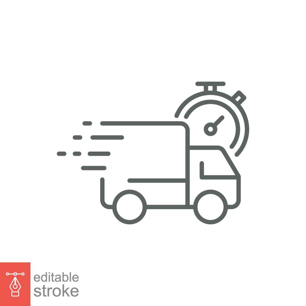 Fast delivery icon. Simple outline style. Truck with clock, stopwatch, express, quick time service concept. Thin line symbol. Vector illustration isolated on white background. Editable stroke EPS 10.