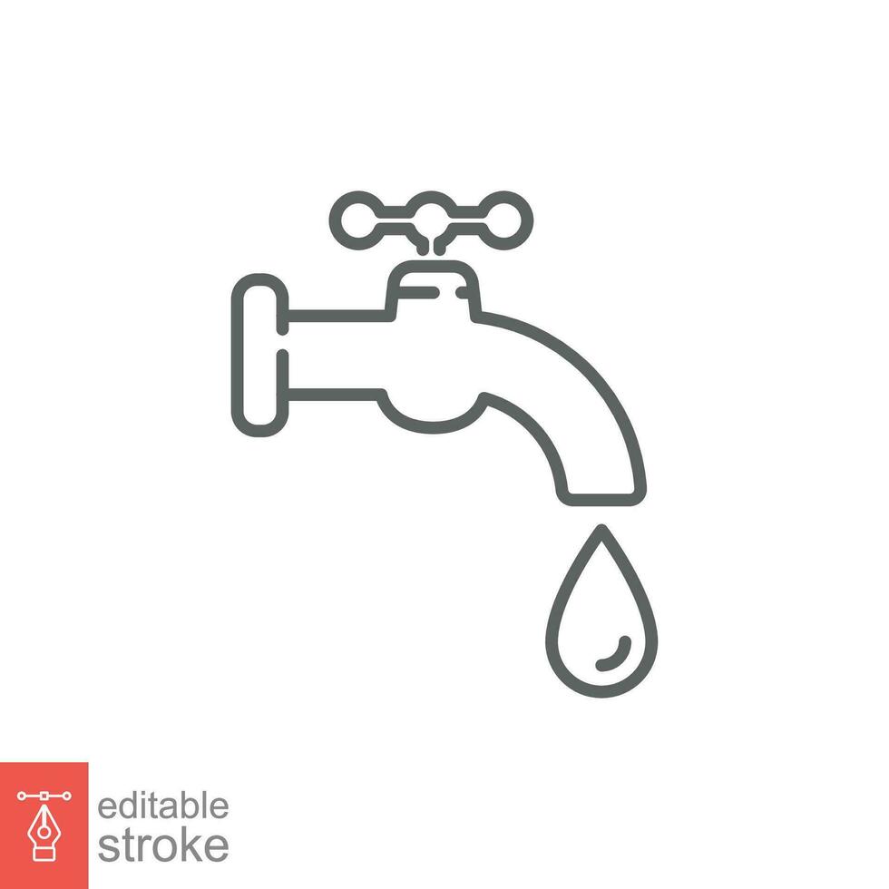 Water tap icon. Simple outline style. Faucet, pipe, leak, valve, drop water, leaky, dripping tap concept. Thin line symbol. Vector illustration isolated on white background. Editable stroke EPS 10.