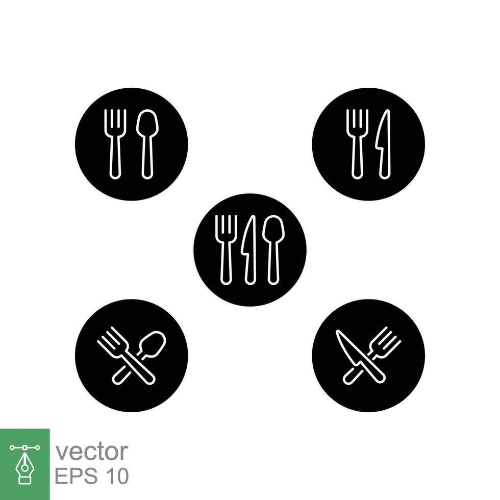 Cutlery icon set. Simple solid style. Fork, spoon, knife, circle plate, brunch, round, utensil concept. Black silhouette, glyph symbol. Vector illustration isolated on white background. EPS 10.