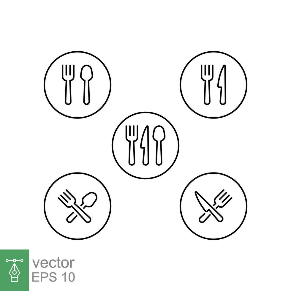 Cutlery icon set. Simple outline style. Fork, spoon, knife, circle plate, brunch, round, utensil concept. Thin line symbol. Vector illustration isolated on white background. Editable stroke EPS 10.