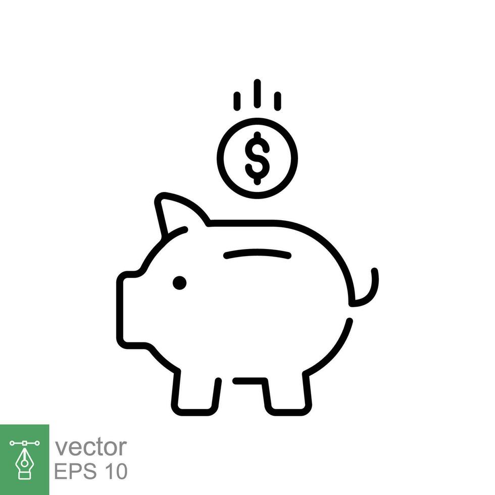 Save money icon. Simple outline style. Piggy bank, pig, coin, dollar, budget, economy, financial concept. Thin line symbol. Vector illustration isolated on white background. EPS 10.