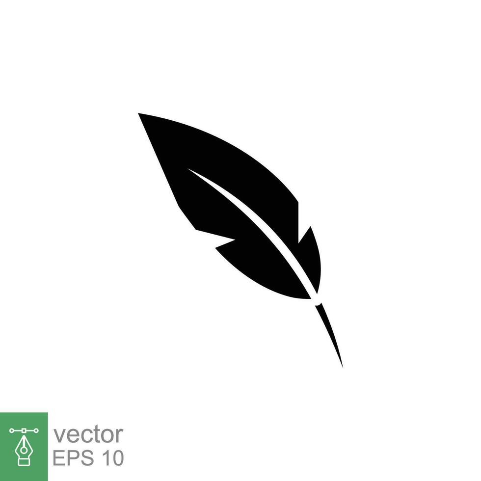 Feather pen icon. Simple solid style. Ink, vintage, quill, plume, history concept. Black silhouette, glyph symbol. Vector illustration isolated on white background. EPS 10.