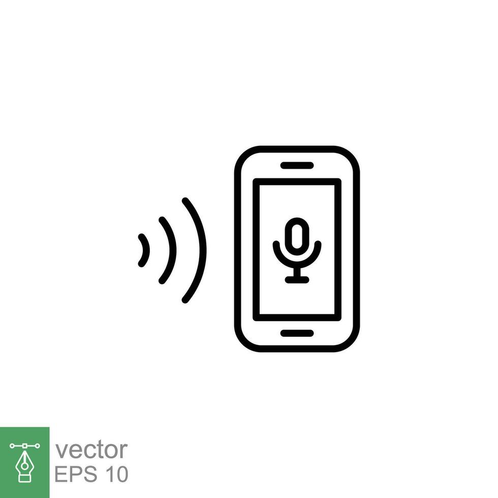 Voice recognition icon. Simple outline style. Speak control, mobile phone with sound wave, smart device concept. Thin line symbol. Vector illustration isolated on white background. EPS 10.