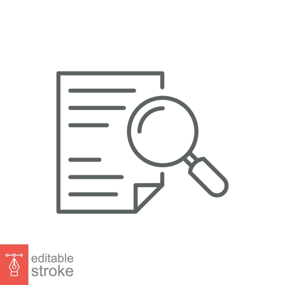 Case study icon. Simple outline style. Research, report, document, magnifying glass, find file page concept. Thin line symbol. Vector illustration isolated on white background. Editable stroke EPS 10.