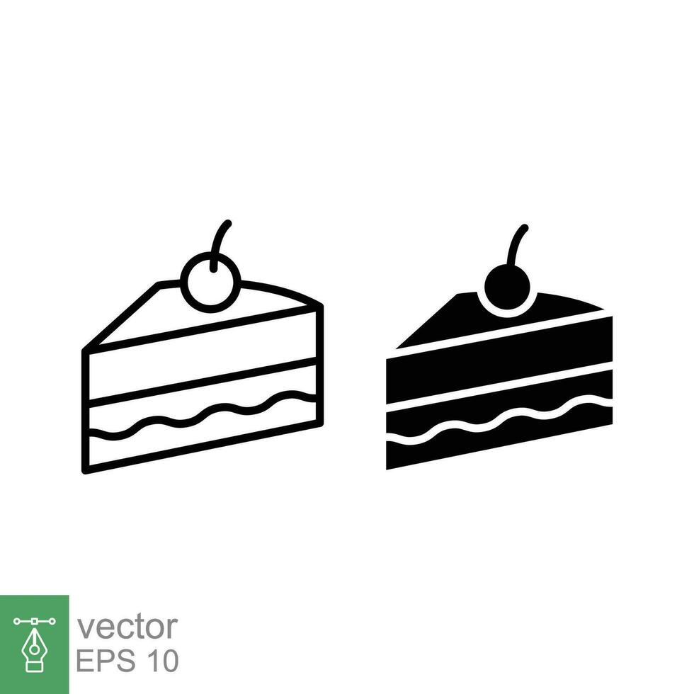 pedazo de pastel icono. sencillo contorno y sólido estilo. chocolate pastel rebanada, tarta de queso, cereza, comida concepto. línea, silueta, glifo símbolo. vector ilustración aislado en blanco antecedentes. eps 10